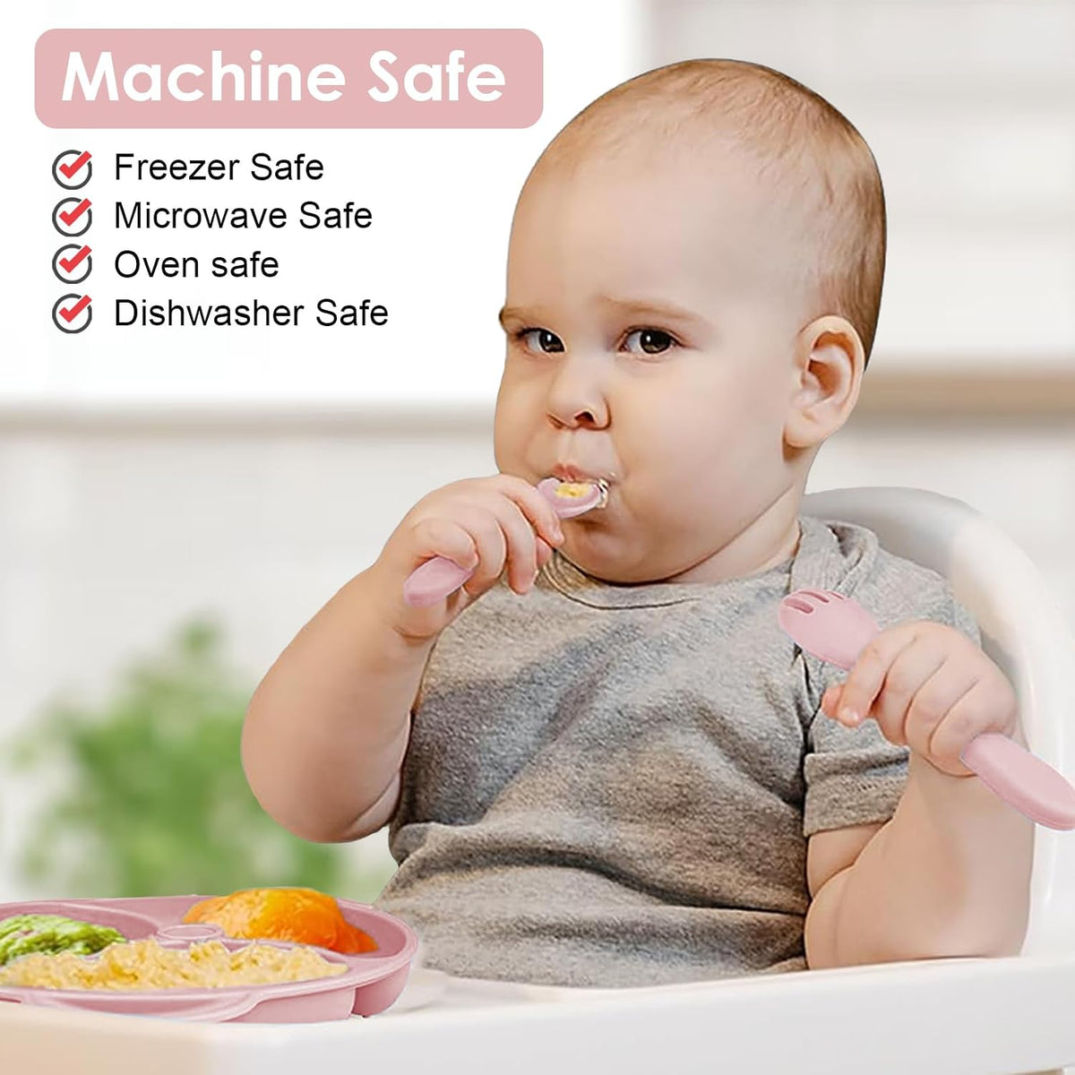 Silicone Baby Feeding Set, 14 Pcs Baby Led Weaning Supplies, Baby Spoons & Forks Suction Bowl Divided Plate Bib Cup, First Stage Solid Food Eating Utensils - 6+ Months (Beige)