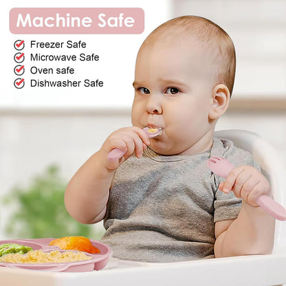 Silicone Baby Feeding Set, 14 Pcs Baby Led Weaning Supplies, Baby Spoons & Forks Suction Bowl Divided Plate Bib Cup, First Stage Solid Food Eating Utensils - 6+ Months (Beige)