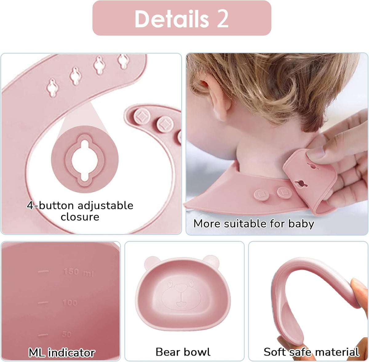 Silicone Baby Feeding Set, 14 Pcs Baby Led Weaning Supplies, Baby Spoons & Forks Suction Bowl Divided Plate Bib Cup, First Stage Solid Food Eating Utensils - 6+ Months (Beige)