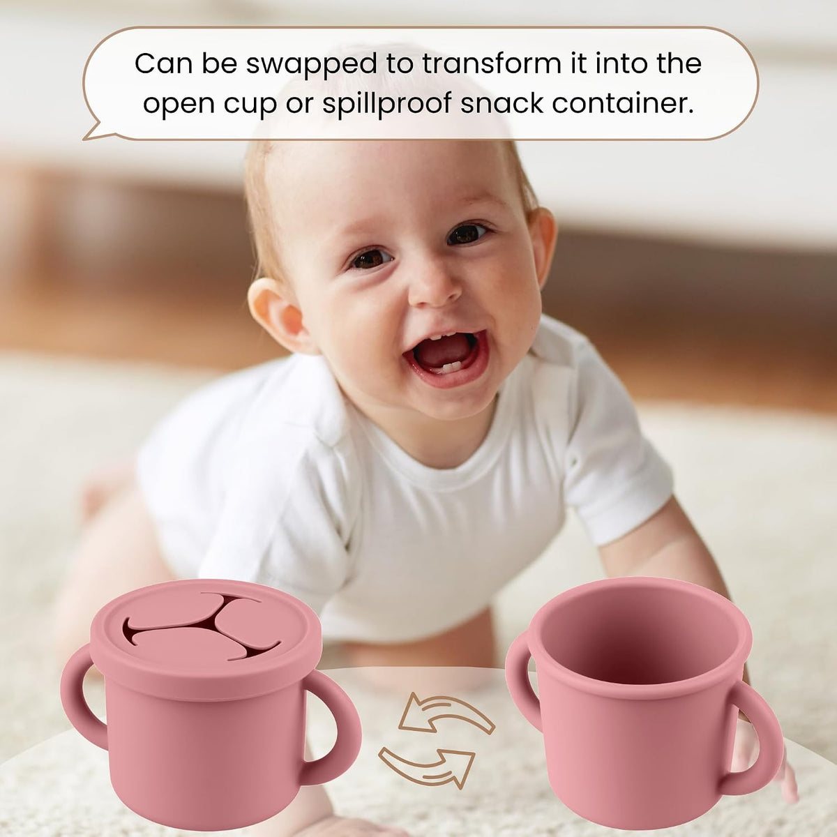Snack Containers for Toddlers, Kids - 2 Pack Food Grade Silicone Snack Cups with Grip Handle (Blush/Mauve)