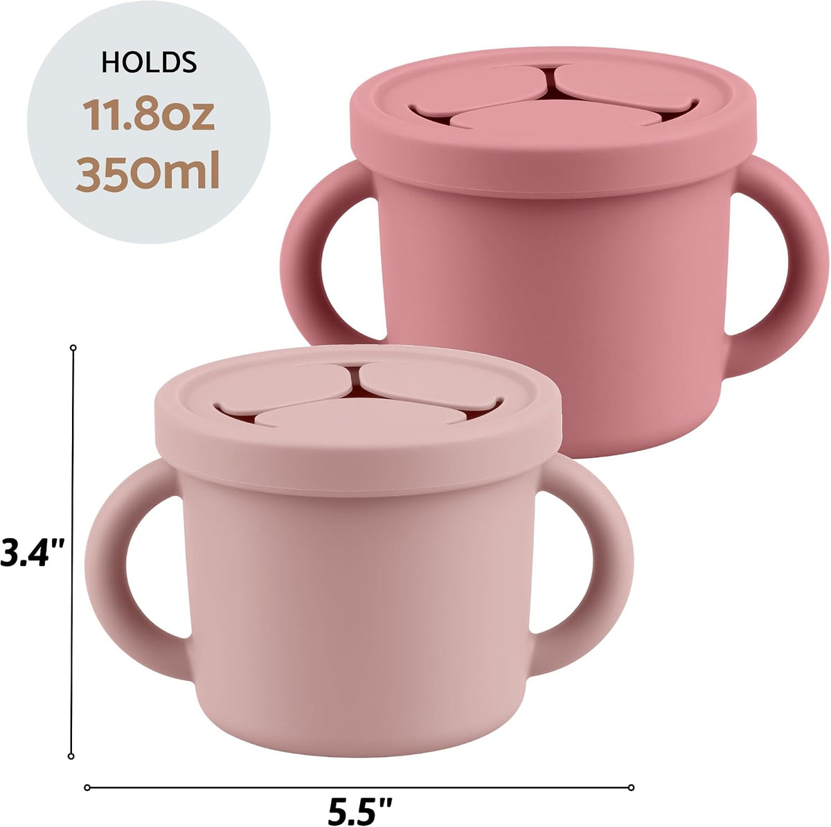 Snack Containers for Toddlers, Kids - 2 Pack Food Grade Silicone Snack Cups with Grip Handle (Blush/Mauve)