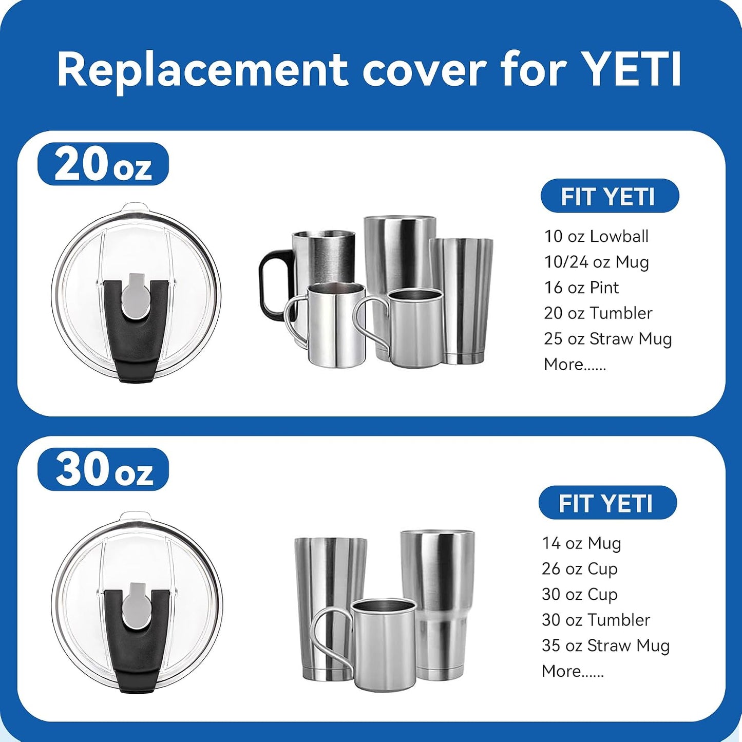 20oz Tumbler Lids, Replacement Lid for 20 oz Yeti Tumbler, Old Style RTIC | 2 Pack Spill-proof Cup Lids, Straw Friendly, BPA-Free, for Commute, Office and Camping (Black)