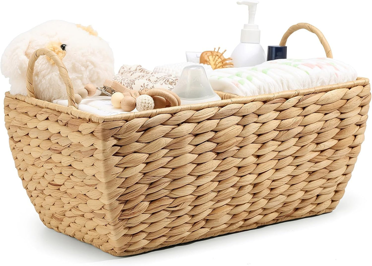 Baby Diaper Caddy Organizer, Handwoven Nursery Basket Changing Table Organizer Natural Water Hyacinth Storage Basket for Nursery Bathroom Kitchen Shelves Office Supplies Organization (Natural, XL)