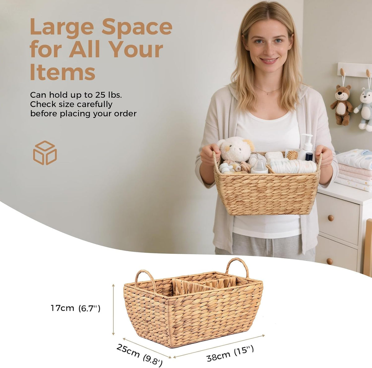 Baby Diaper Caddy Organizer, Handwoven Nursery Basket Changing Table Organizer Natural Water Hyacinth Storage Basket for Nursery Bathroom Kitchen Shelves Office Supplies Organization (Natural, XL)
