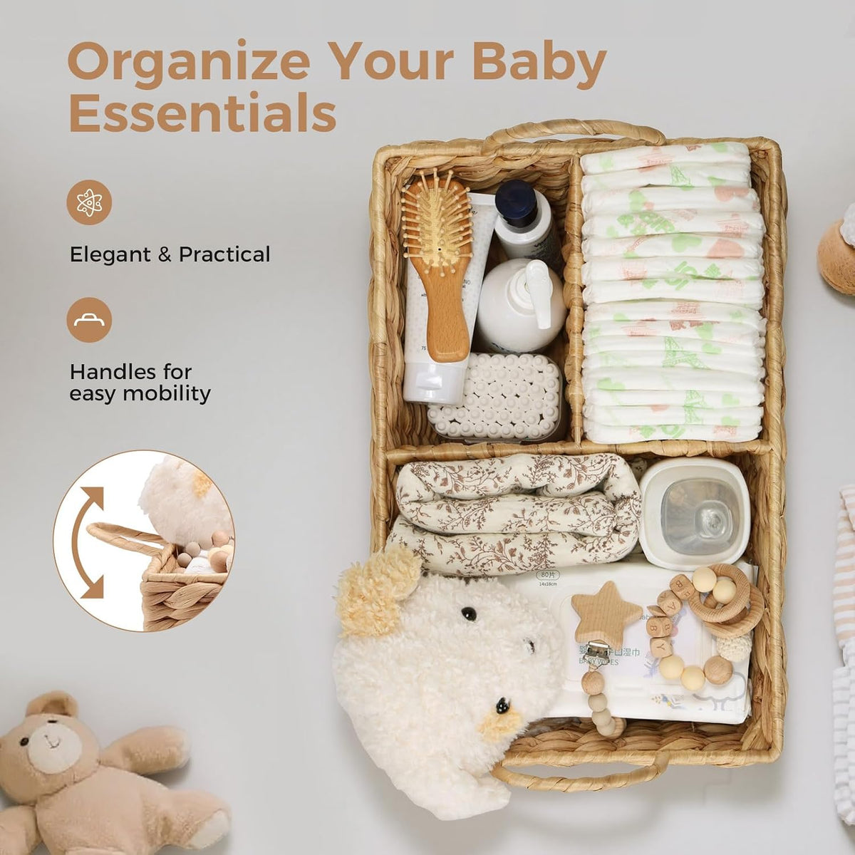 Baby Diaper Caddy Organizer, Handwoven Nursery Basket Changing Table Organizer Natural Water Hyacinth Storage Basket for Nursery Bathroom Kitchen Shelves Office Supplies Organization (Natural, XL)