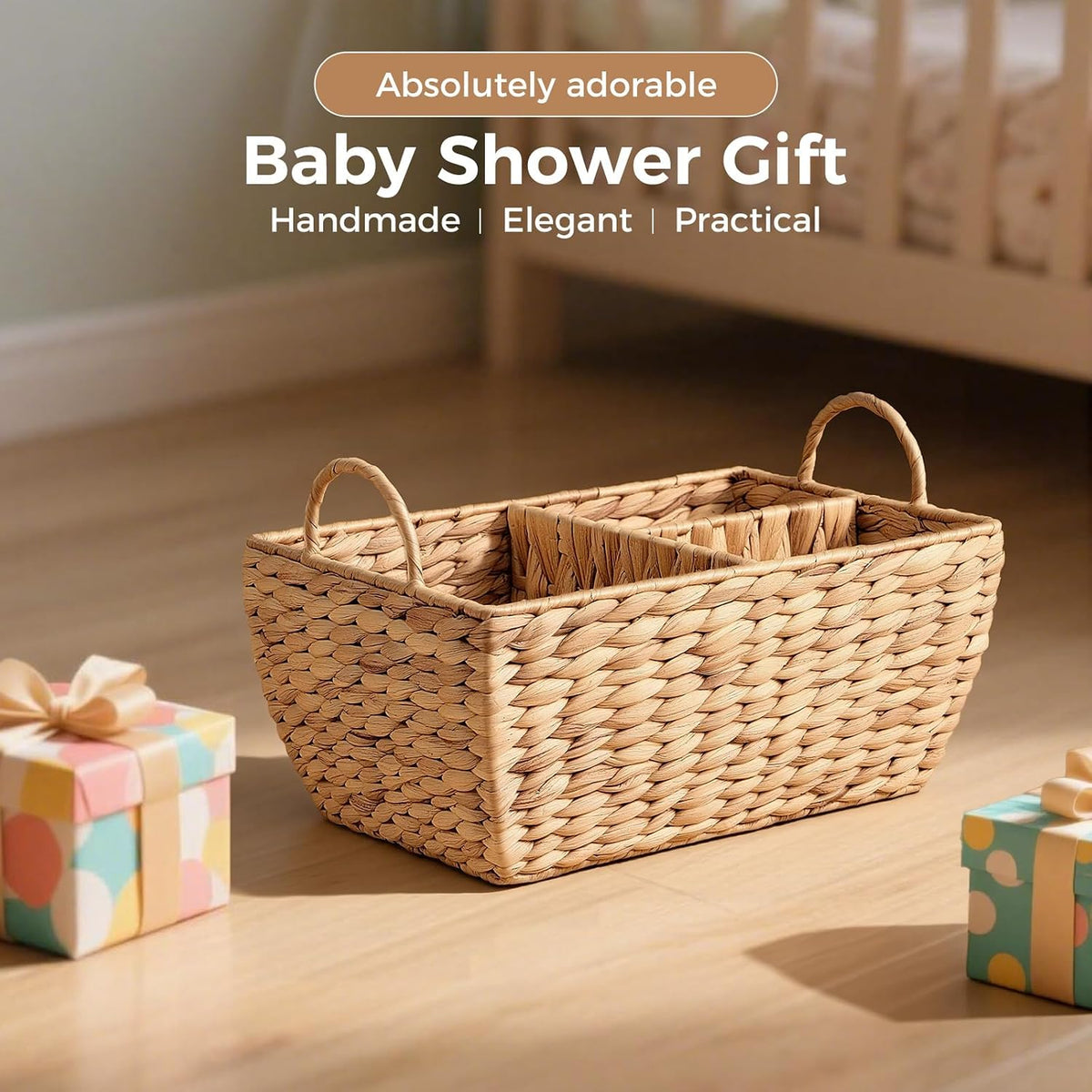 Baby Diaper Caddy Organizer, Handwoven Nursery Basket Changing Table Organizer Natural Water Hyacinth Storage Basket for Nursery Bathroom Kitchen Shelves Office Supplies Organization (Natural, XL)