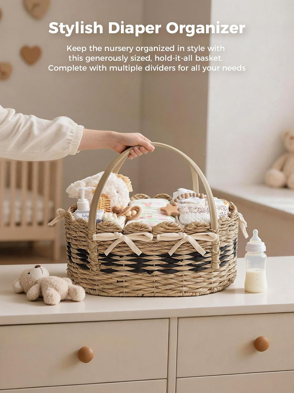 Baby Diaper Caddy Organizer, Handwoven Nursery Basket Changing Table Organizer Natural Water Hyacinth Storage Basket for Nursery Bathroom Kitchen Shelves Office Supplies Organization (Natural, XL)