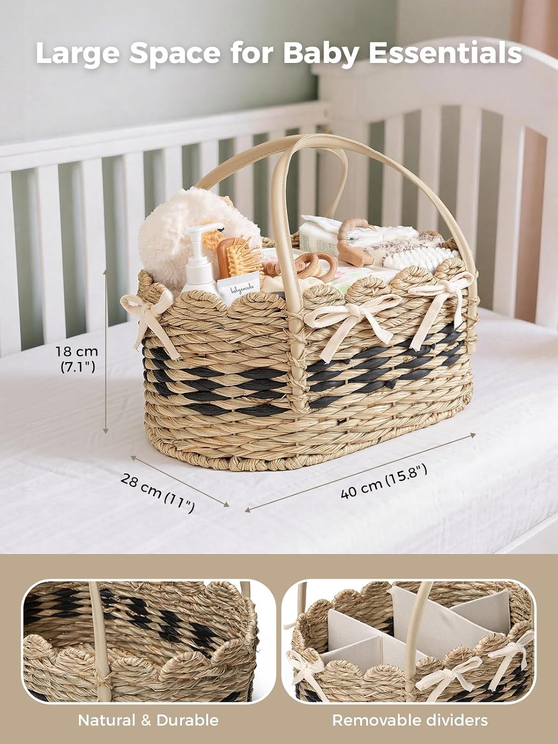 Baby Diaper Caddy Organizer, Handwoven Nursery Basket Changing Table Organizer Natural Water Hyacinth Storage Basket for Nursery Bathroom Kitchen Shelves Office Supplies Organization (Natural, XL)