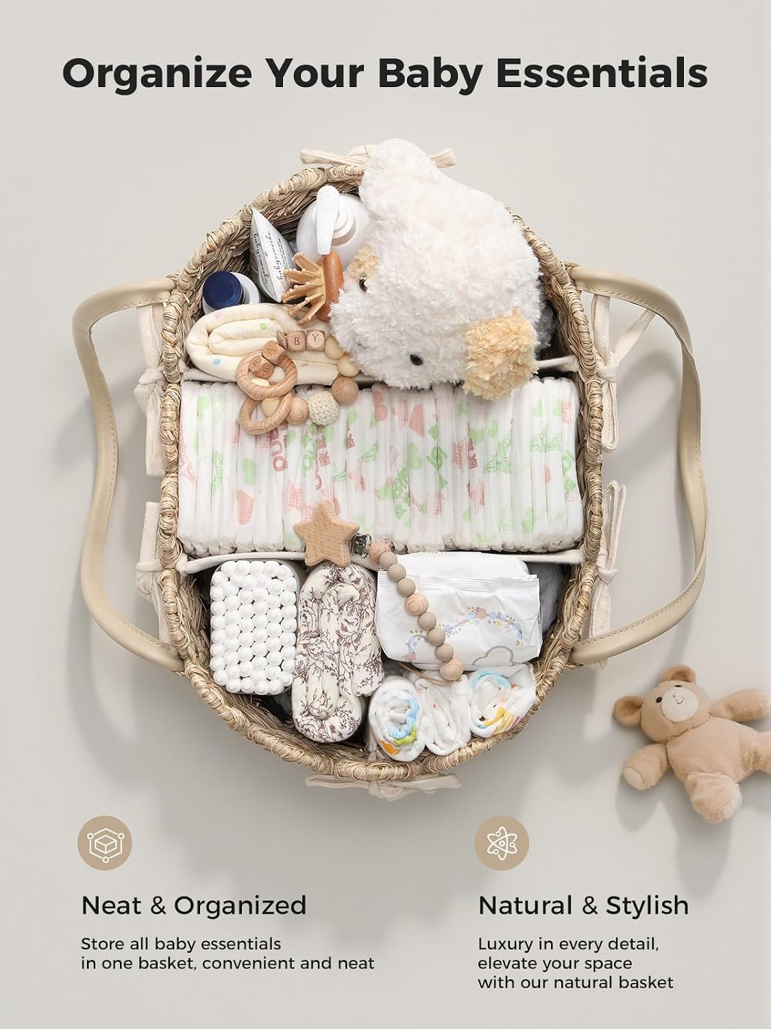 Baby Diaper Caddy Organizer, Handwoven Nursery Basket Changing Table Organizer Natural Water Hyacinth Storage Basket for Nursery Bathroom Kitchen Shelves Office Supplies Organization (Natural, XL)