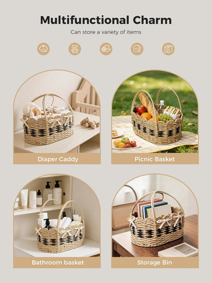 Baby Diaper Caddy Organizer, Handwoven Nursery Basket Changing Table Organizer Natural Water Hyacinth Storage Basket for Nursery Bathroom Kitchen Shelves Office Supplies Organization (Natural, XL)