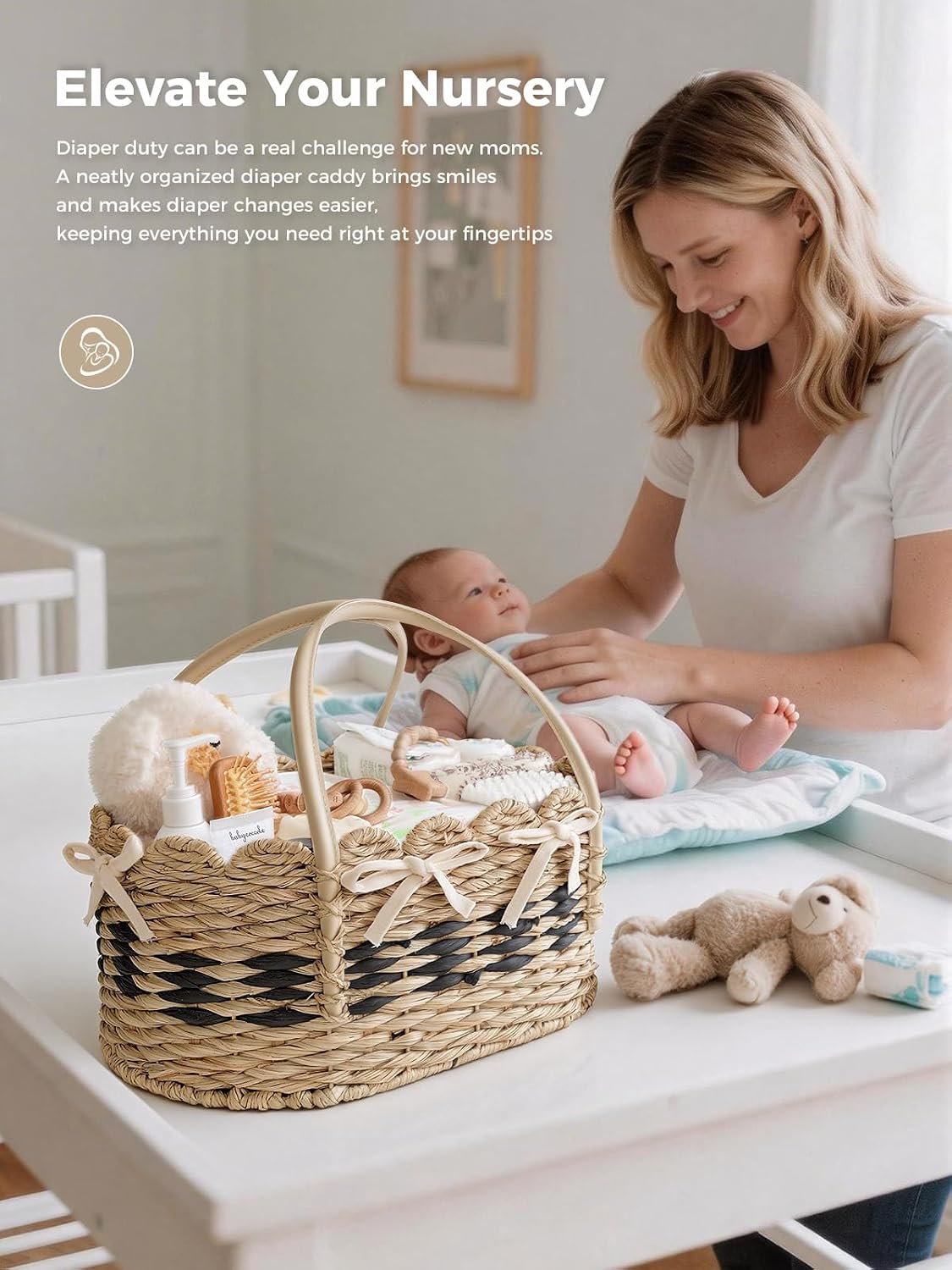 Baby Diaper Caddy Organizer, Handwoven Nursery Basket Changing Table Organizer Natural Water Hyacinth Storage Basket for Nursery Bathroom Kitchen Shelves Office Supplies Organization (Natural, XL)