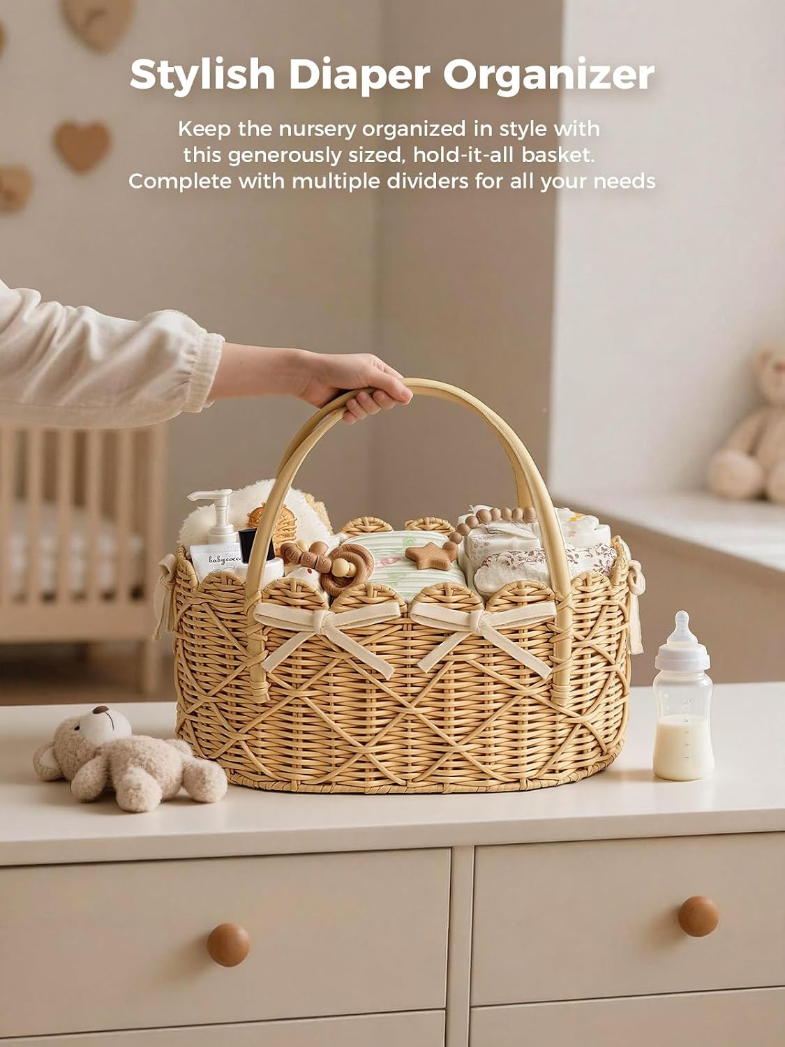 Baby Diaper Caddy Organizer, Handwoven Nursery Basket Changing Table Organizer Natural Water Hyacinth Storage Basket for Nursery Bathroom Kitchen Shelves Office Supplies Organization (Natural, XL)