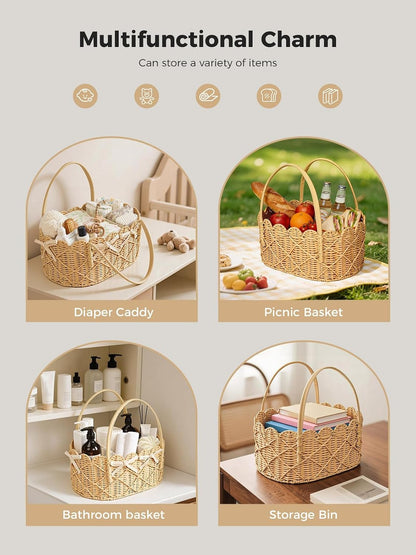 Baby Diaper Caddy Organizer, Handwoven Nursery Basket Changing Table Organizer Natural Water Hyacinth Storage Basket for Nursery Bathroom Kitchen Shelves Office Supplies Organization (Natural, XL)