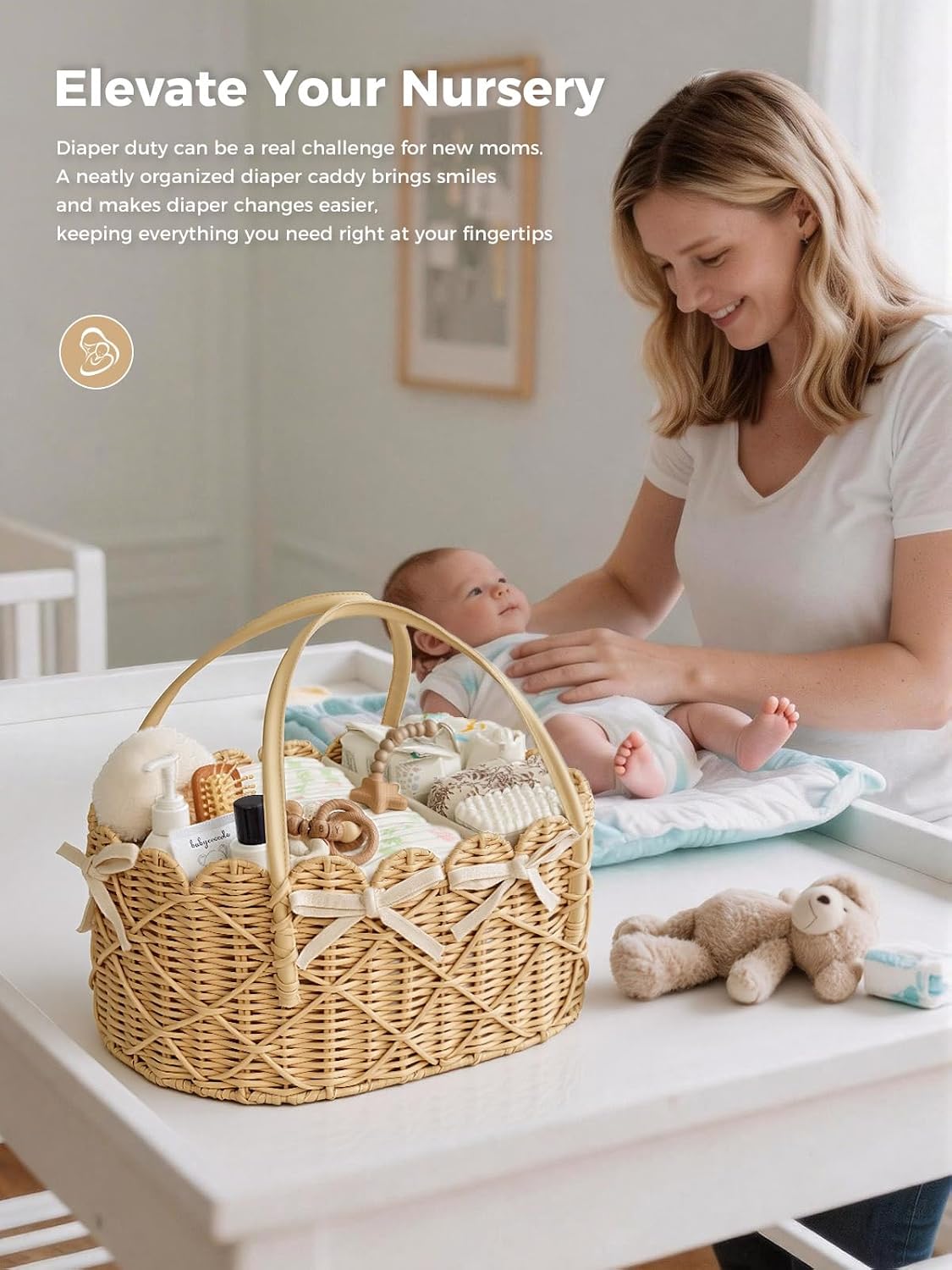 Baby Diaper Caddy Organizer, Handwoven Nursery Basket Changing Table Organizer Natural Water Hyacinth Storage Basket for Nursery Bathroom Kitchen Shelves Office Supplies Organization (Natural, XL)