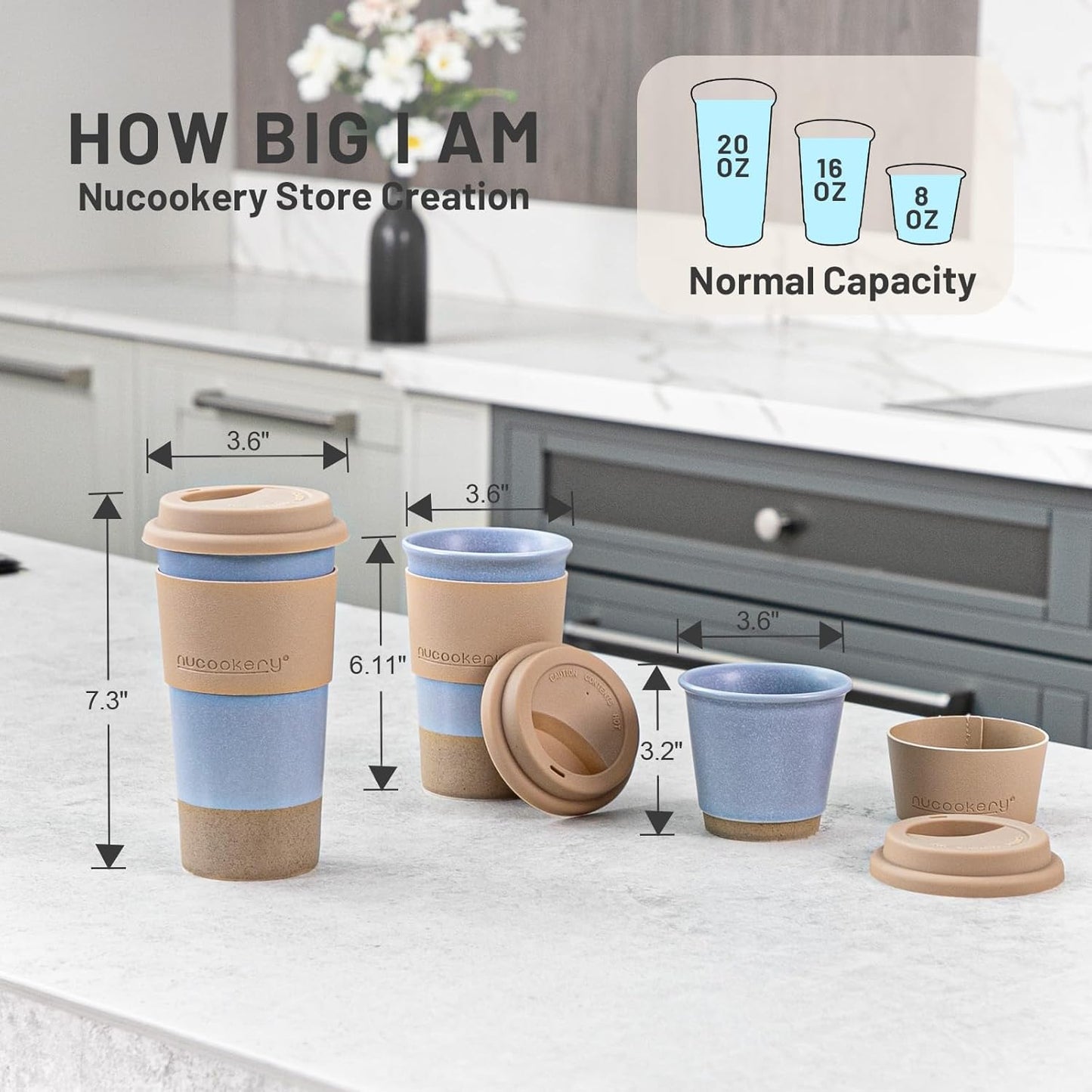 Travel Coffee Mug Set, Tumbler with Silicone Lid&Non-Slip Sleeve,To Go Mug | Ceramic,Microwave Safe Cappuccino, Tea, Latte, Iced-Coffee Cups, Blue