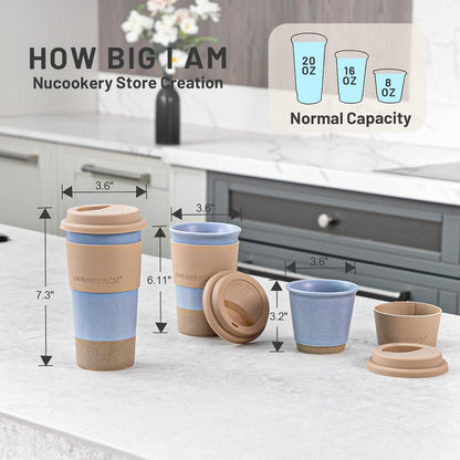 Travel Coffee Mug Set, Tumbler with Silicone Lid&Non-Slip Sleeve,To Go Mug | Ceramic,Microwave Safe Cappuccino, Tea, Latte, Iced-Coffee Cups, Blue