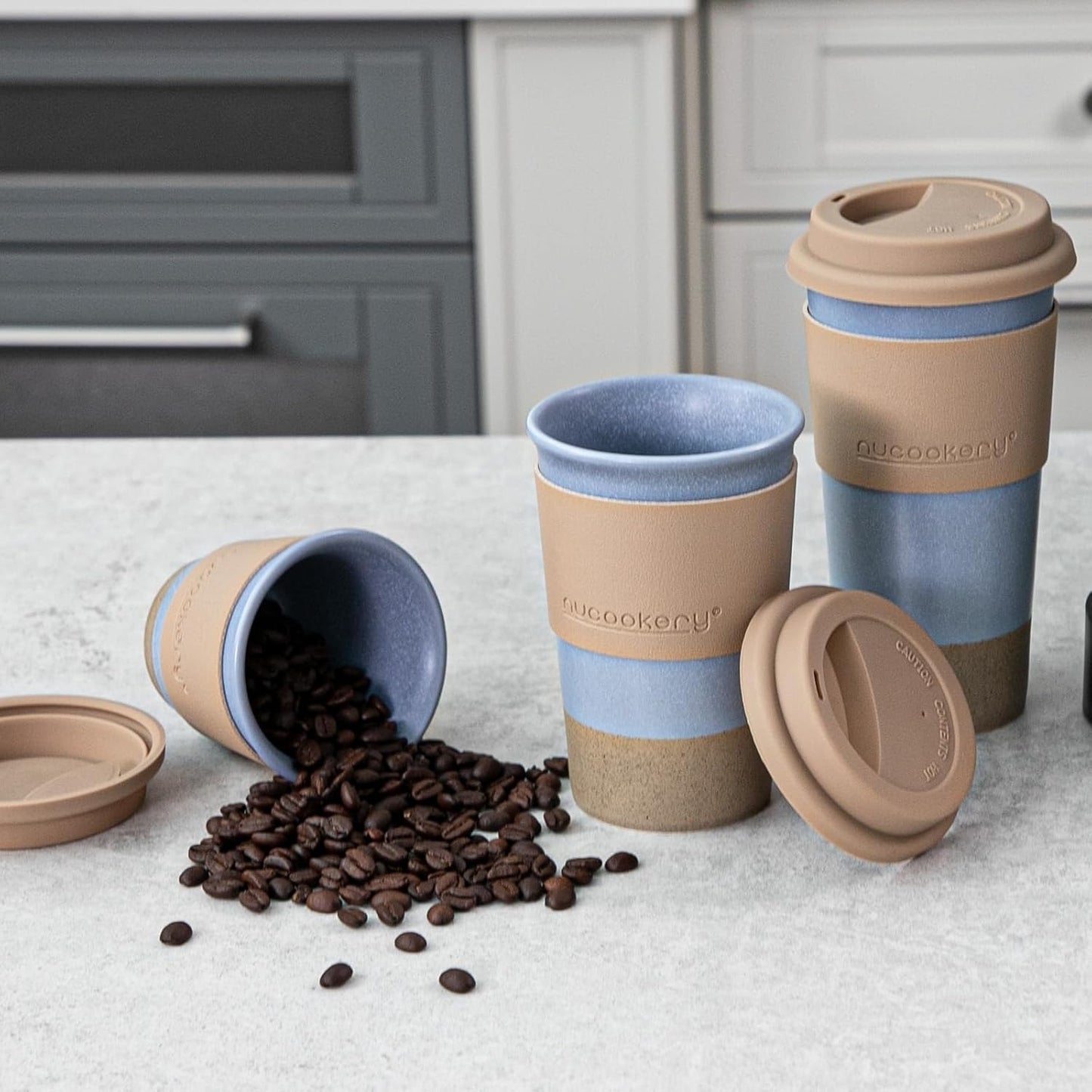 Travel Coffee Mug Set, Tumbler with Silicone Lid&Non-Slip Sleeve,To Go Mug | Ceramic,Microwave Safe Cappuccino, Tea, Latte, Iced-Coffee Cups, Blue
