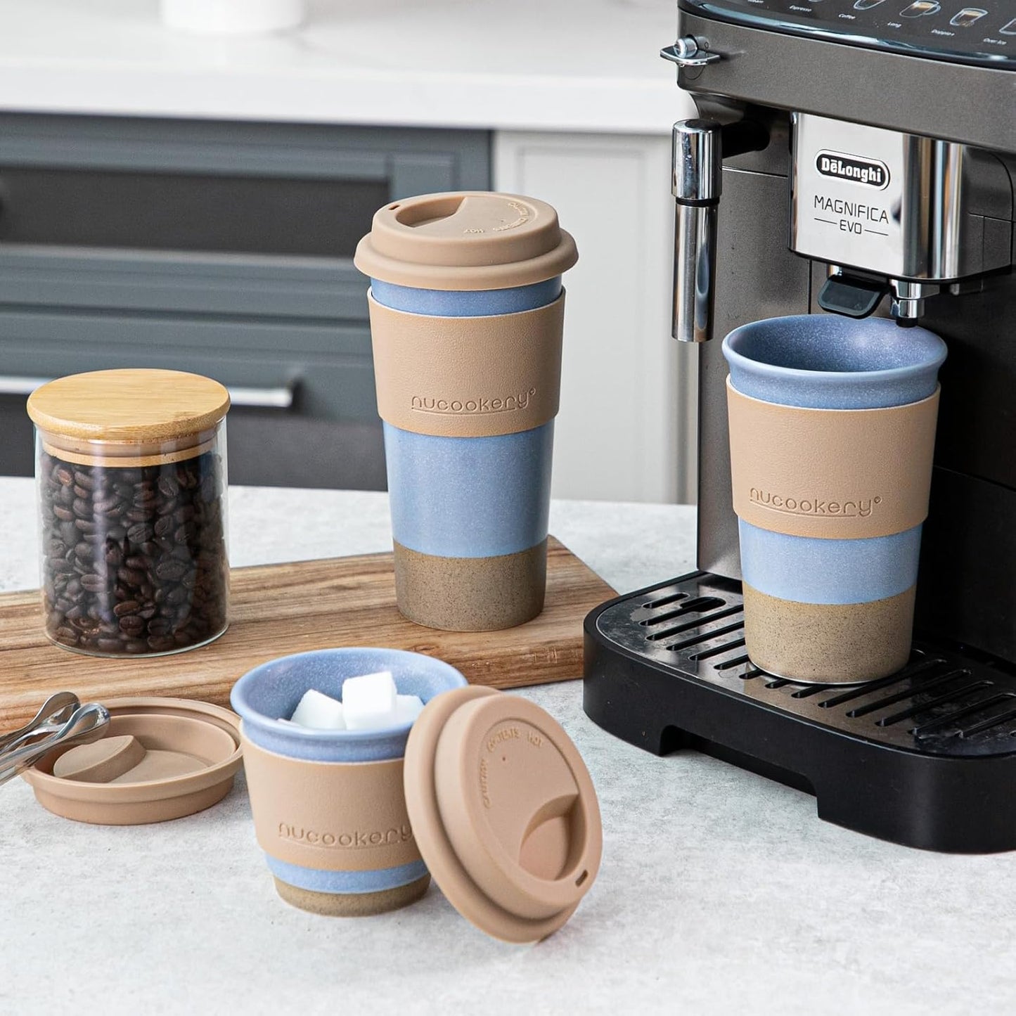 Travel Coffee Mug Set, Tumbler with Silicone Lid&Non-Slip Sleeve,To Go Mug | Ceramic,Microwave Safe Cappuccino, Tea, Latte, Iced-Coffee Cups, Blue