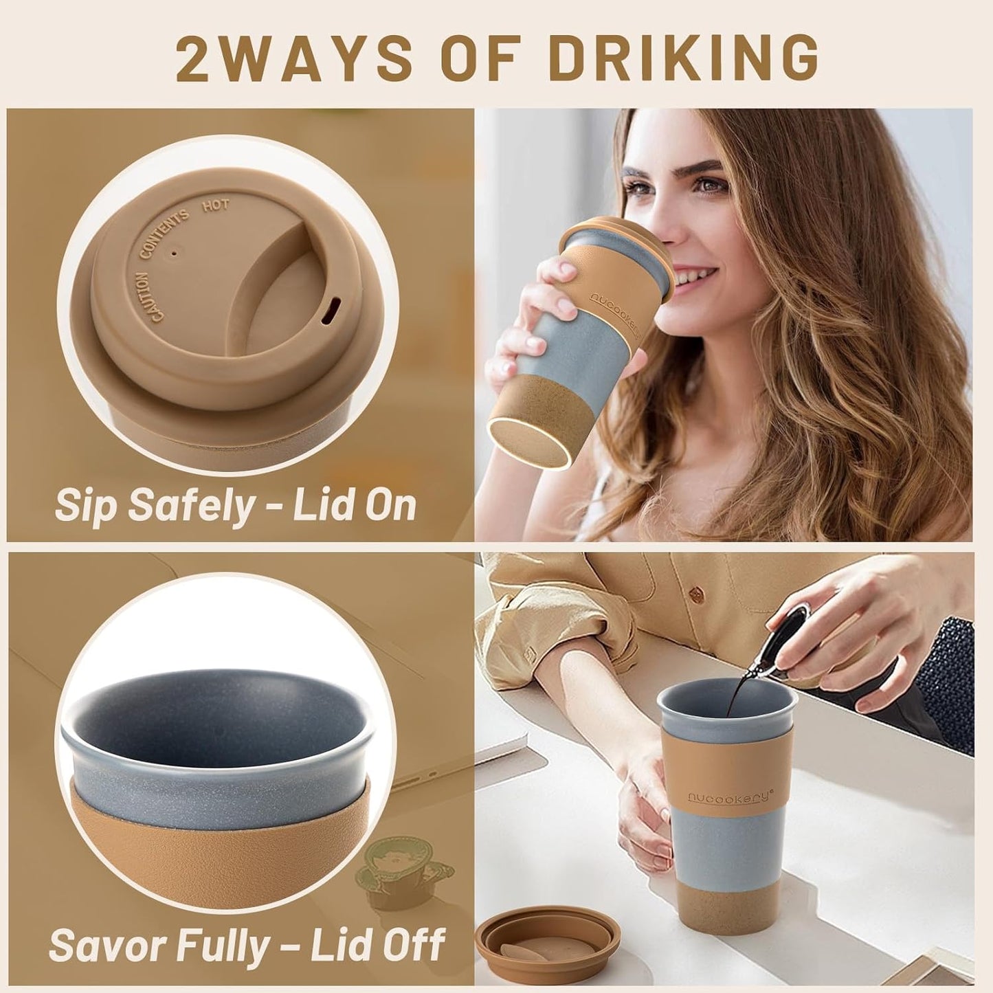 Travel Coffee Mug Set, Tumbler with Silicone Lid&Non-Slip Sleeve,To Go Mug | Ceramic,Microwave Safe Cappuccino, Tea, Latte, Iced-Coffee Cups, Blue