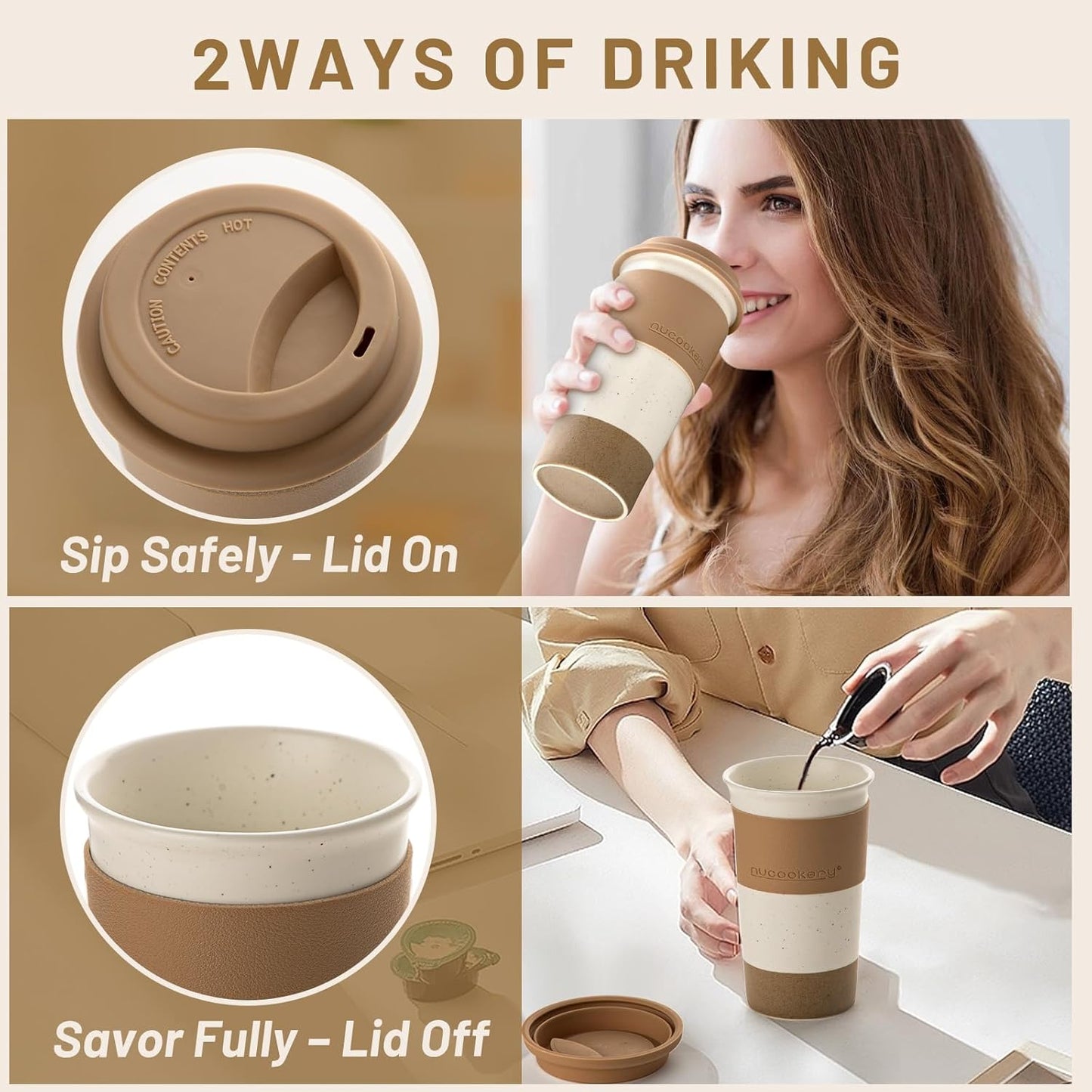 Travel Coffee Mug Set, Tumbler with Silicone Lid&Non-Slip Sleeve,To Go Mug | Ceramic,Microwave Safe Cappuccino, Tea, Latte, Iced-Coffee Cups, Blue
