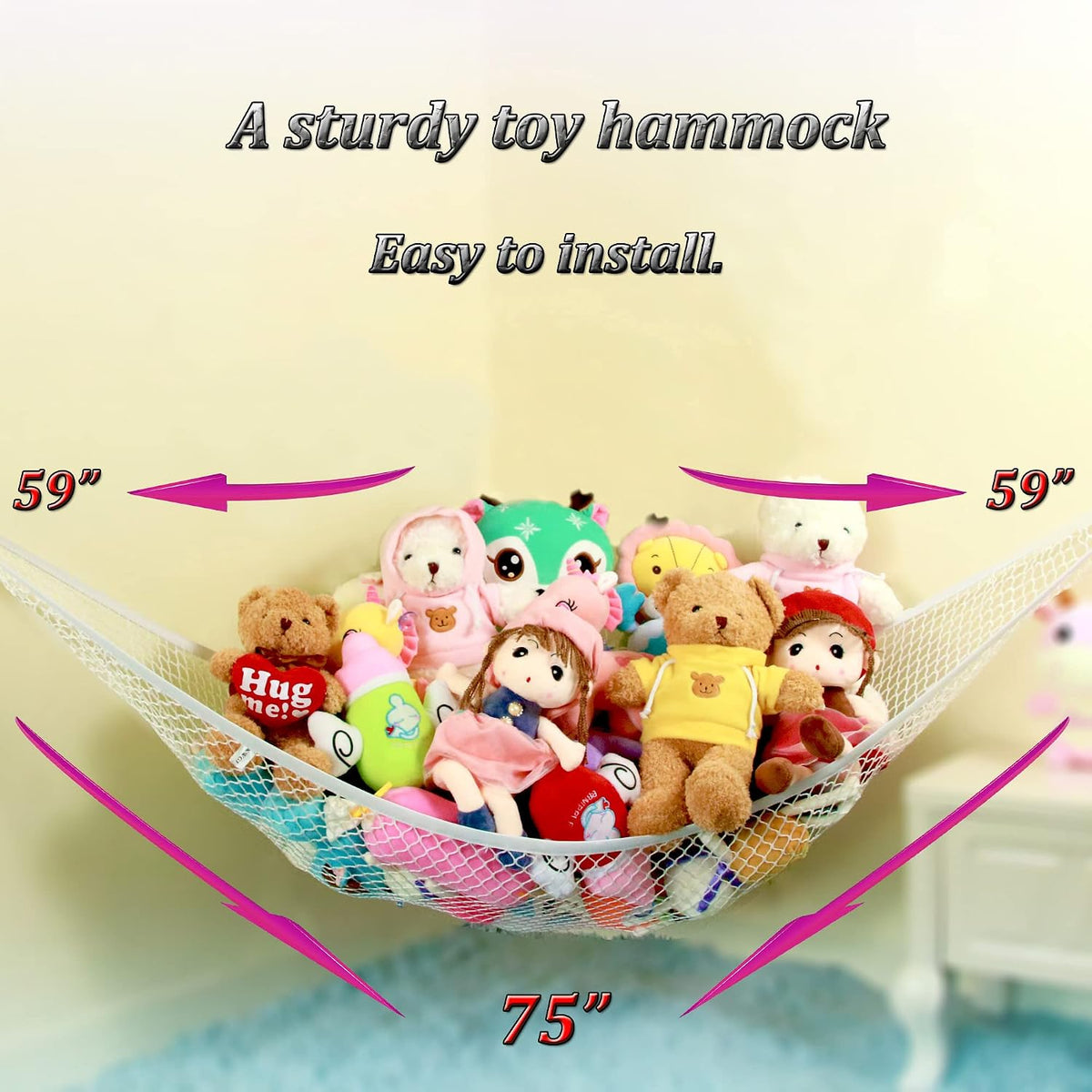 Stuffed Animal Hammock, Corner Storage Net for Toys, 75x59x59in Large