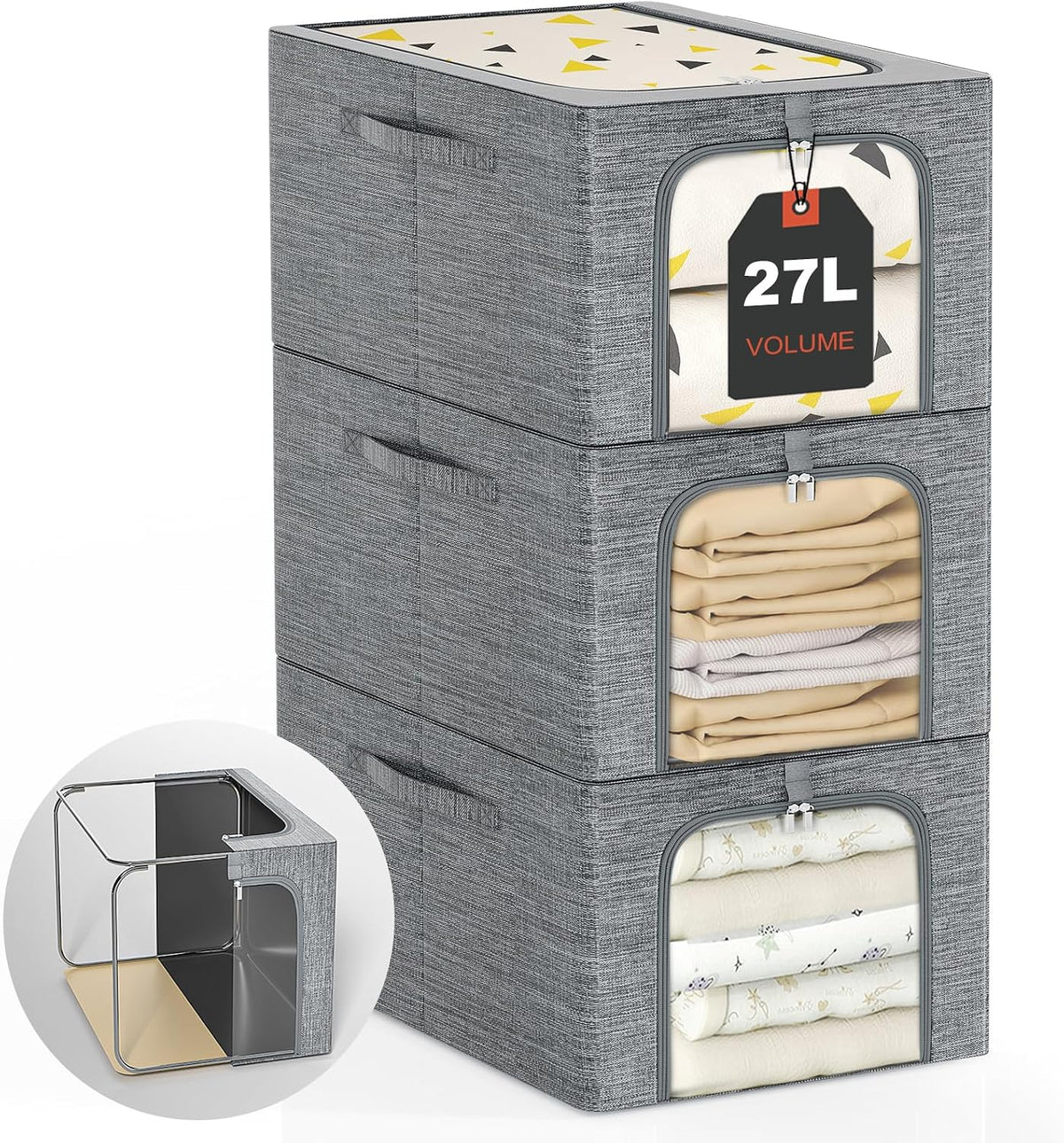 Baby Clothes Storage Bins with Metal Frame 27L 6-Pack Grey