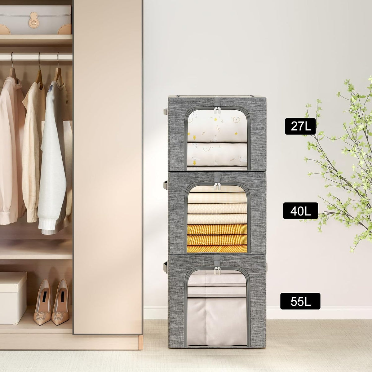 Baby Clothes Storage Bins with Metal Frame 27L 6-Pack Grey