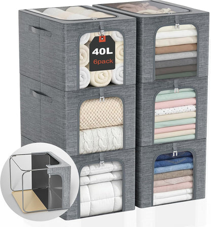 Baby Clothes Storage Bins with Metal Frame 27L 6-Pack Grey
