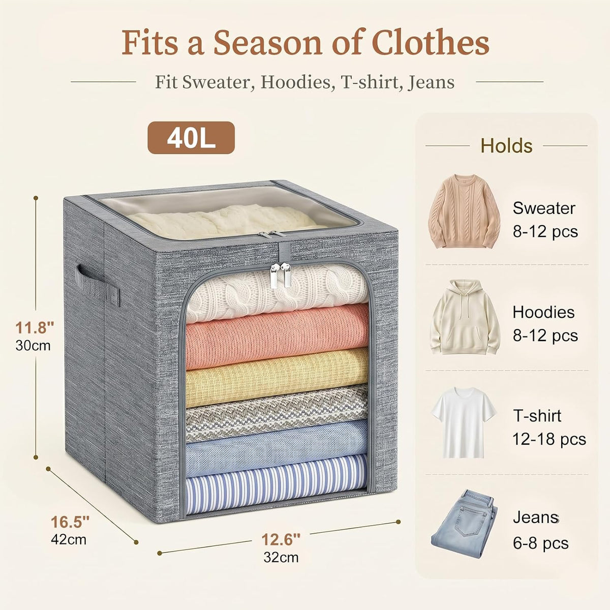 Baby Clothes Storage Bins with Metal Frame 27L 6-Pack Grey