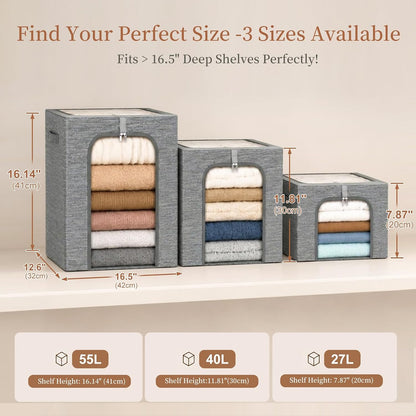 Baby Clothes Storage Bins with Metal Frame 27L 6-Pack Grey