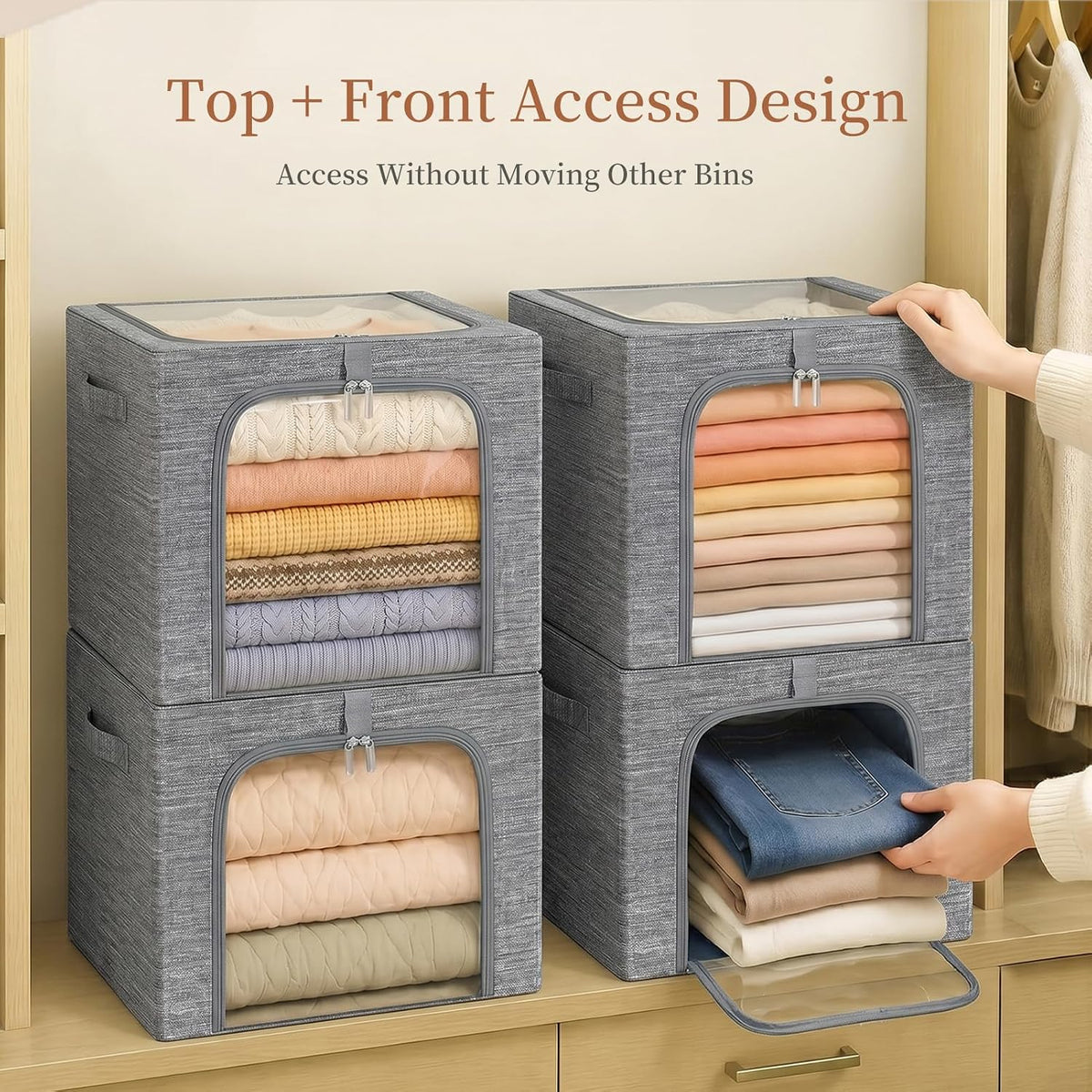 Baby Clothes Storage Bins with Metal Frame 27L 6-Pack Grey