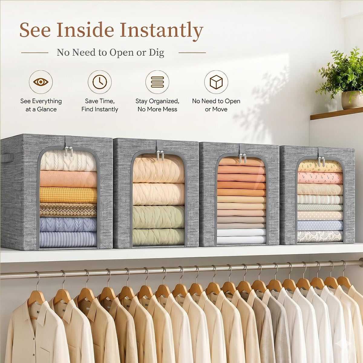 Baby Clothes Storage Bins with Metal Frame 27L 6-Pack Grey