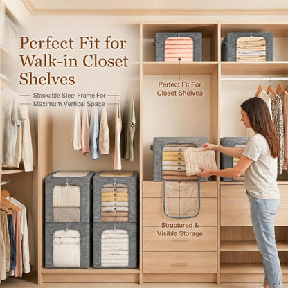 Baby Clothes Storage Bins with Metal Frame 27L 6-Pack Grey