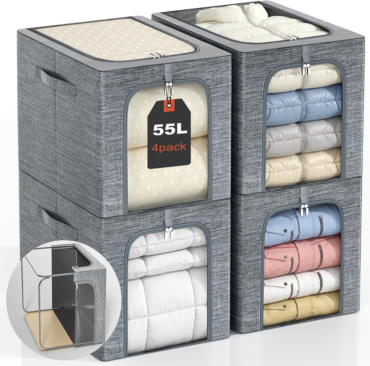 Baby Clothes Storage Bins with Metal Frame 27L 6-Pack Grey