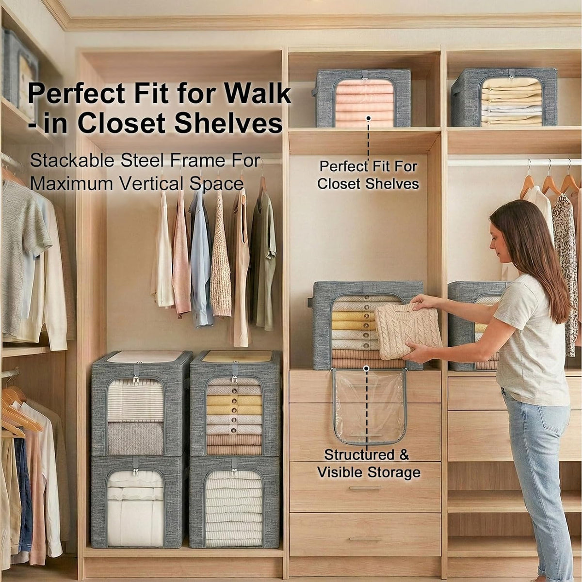 Baby Clothes Storage Bins with Metal Frame 27L 6-Pack Grey
