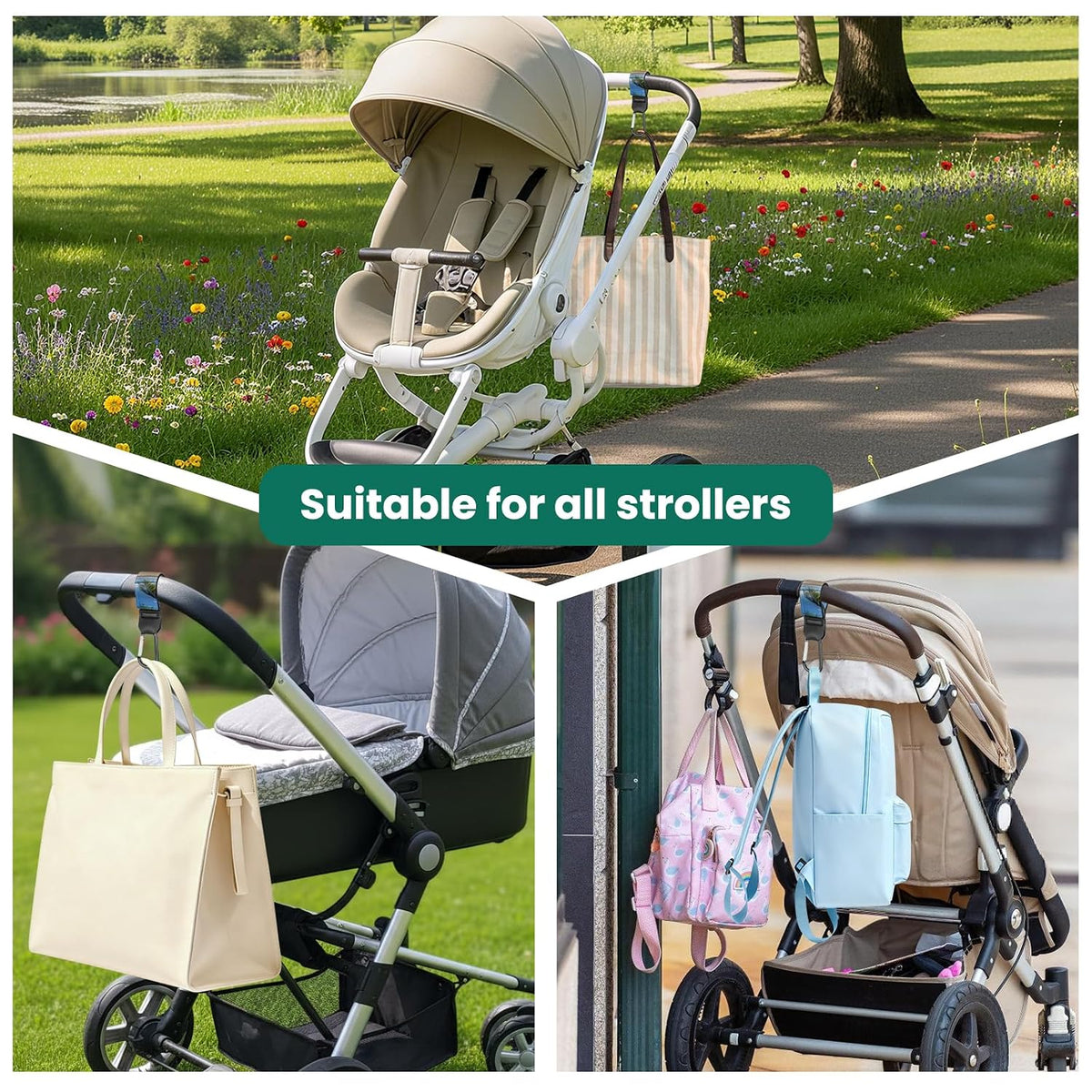 Stroller Straps, Mommy Hooks Diaper Bags, Universal Shopping cart, Wallet, Backpack - 2 Packs (White Flowers + Black Flowers)