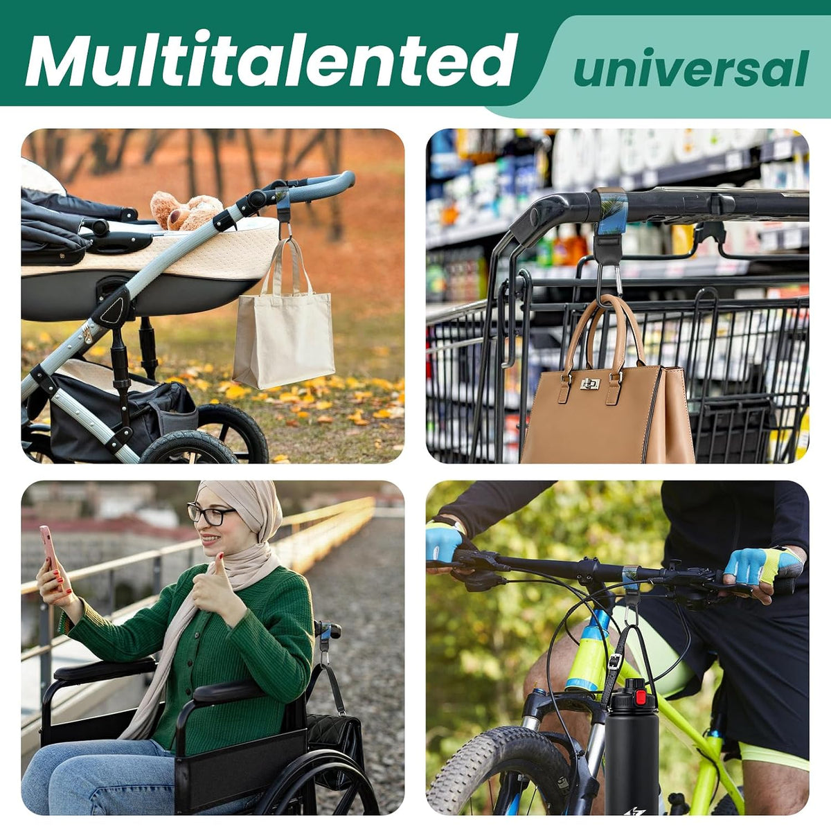 Stroller Straps, Mommy Hooks Diaper Bags, Universal Shopping cart, Wallet, Backpack - 2 Packs (White Flowers + Black Flowers)