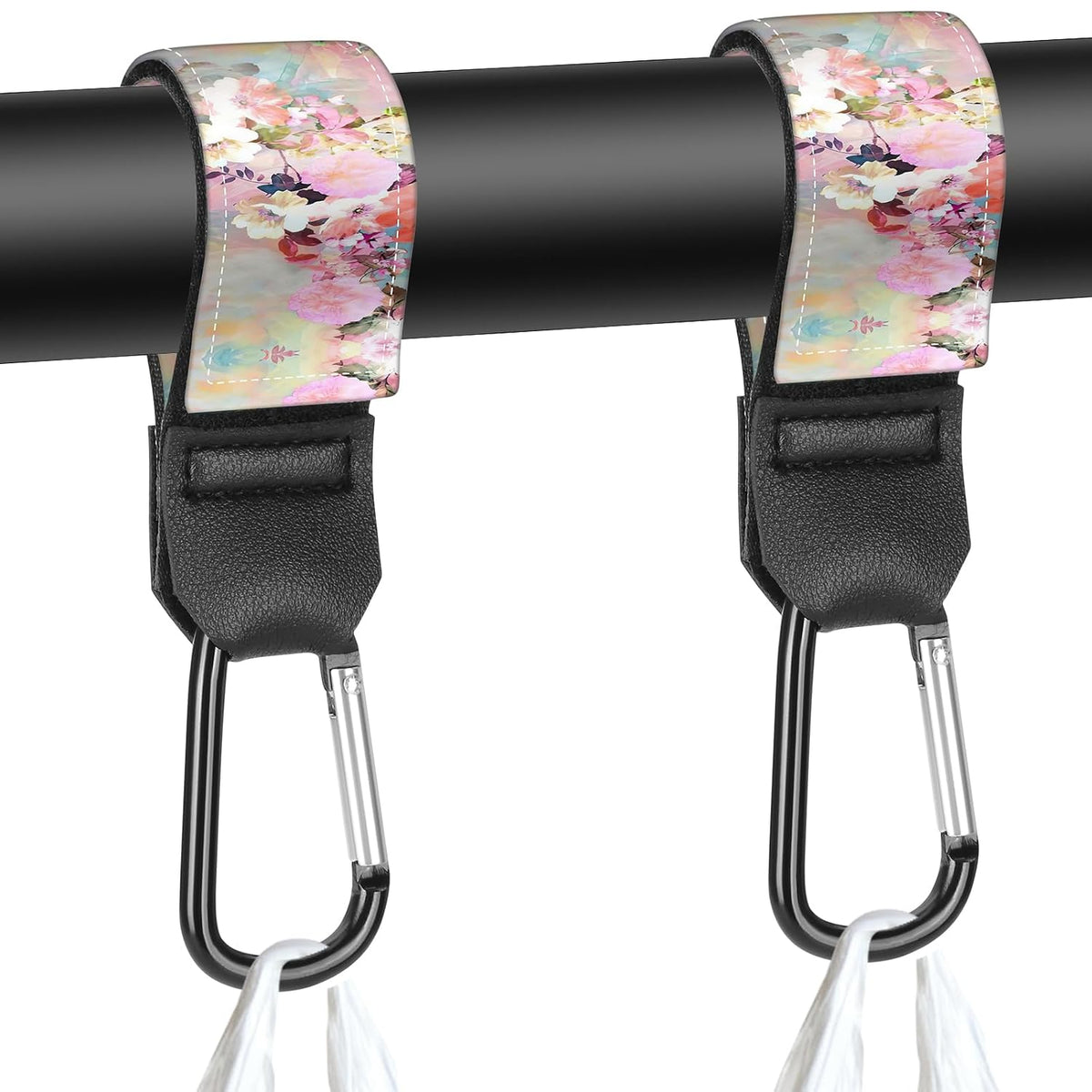 Stroller Straps, Mommy Hooks Diaper Bags, Universal Shopping cart, Wallet, Backpack - 2 Packs (White Flowers + Black Flowers)