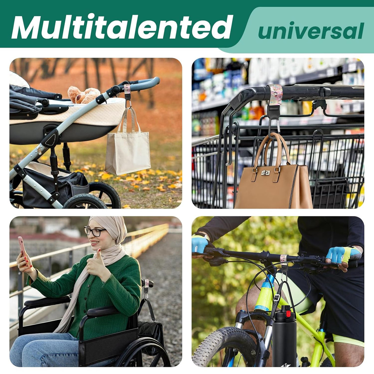 Stroller Straps, Mommy Hooks Diaper Bags, Universal Shopping cart, Wallet, Backpack - 2 Packs (White Flowers + Black Flowers)