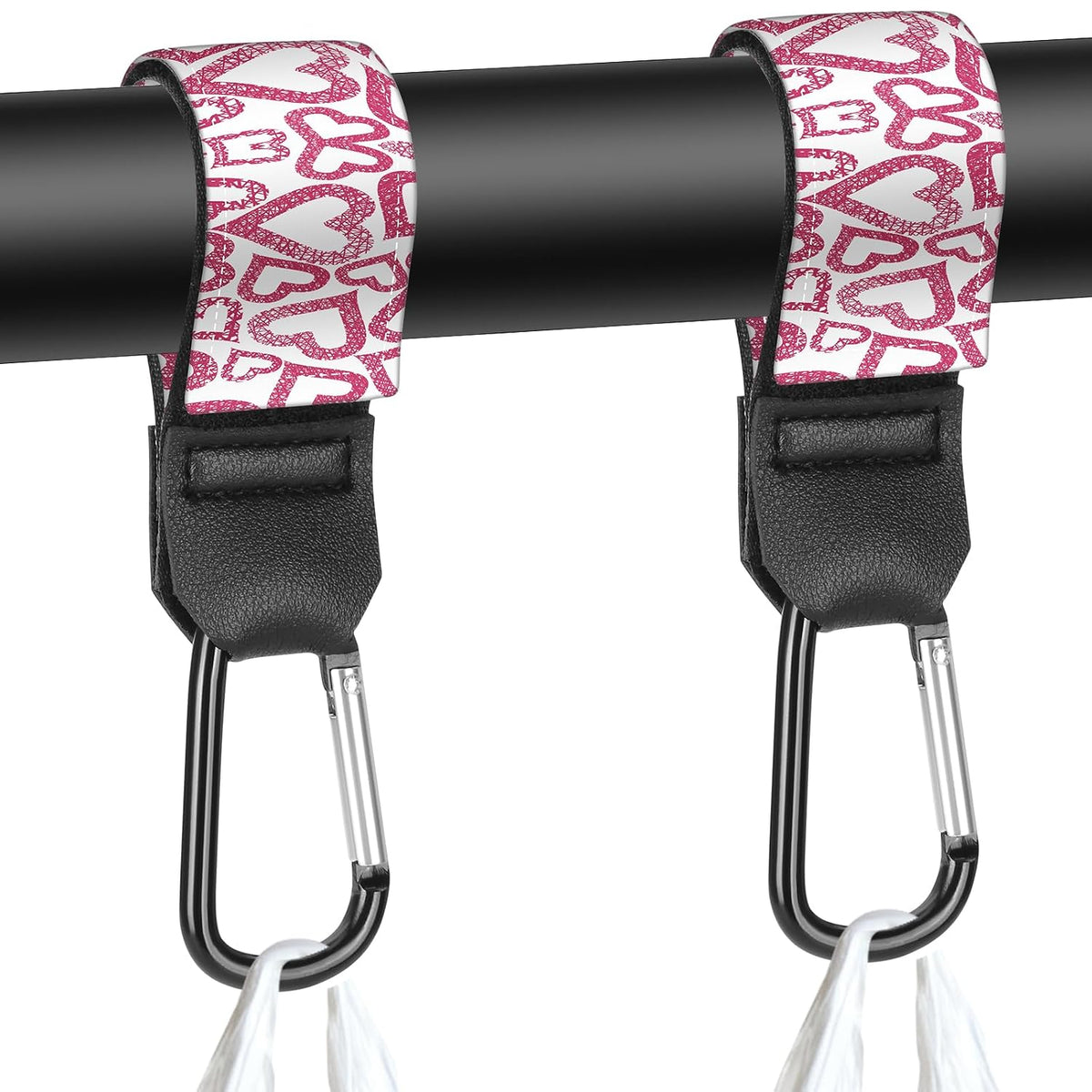 Stroller Straps, Mommy Hooks Diaper Bags, Universal Shopping cart, Wallet, Backpack - 2 Packs (White Flowers + Black Flowers)
