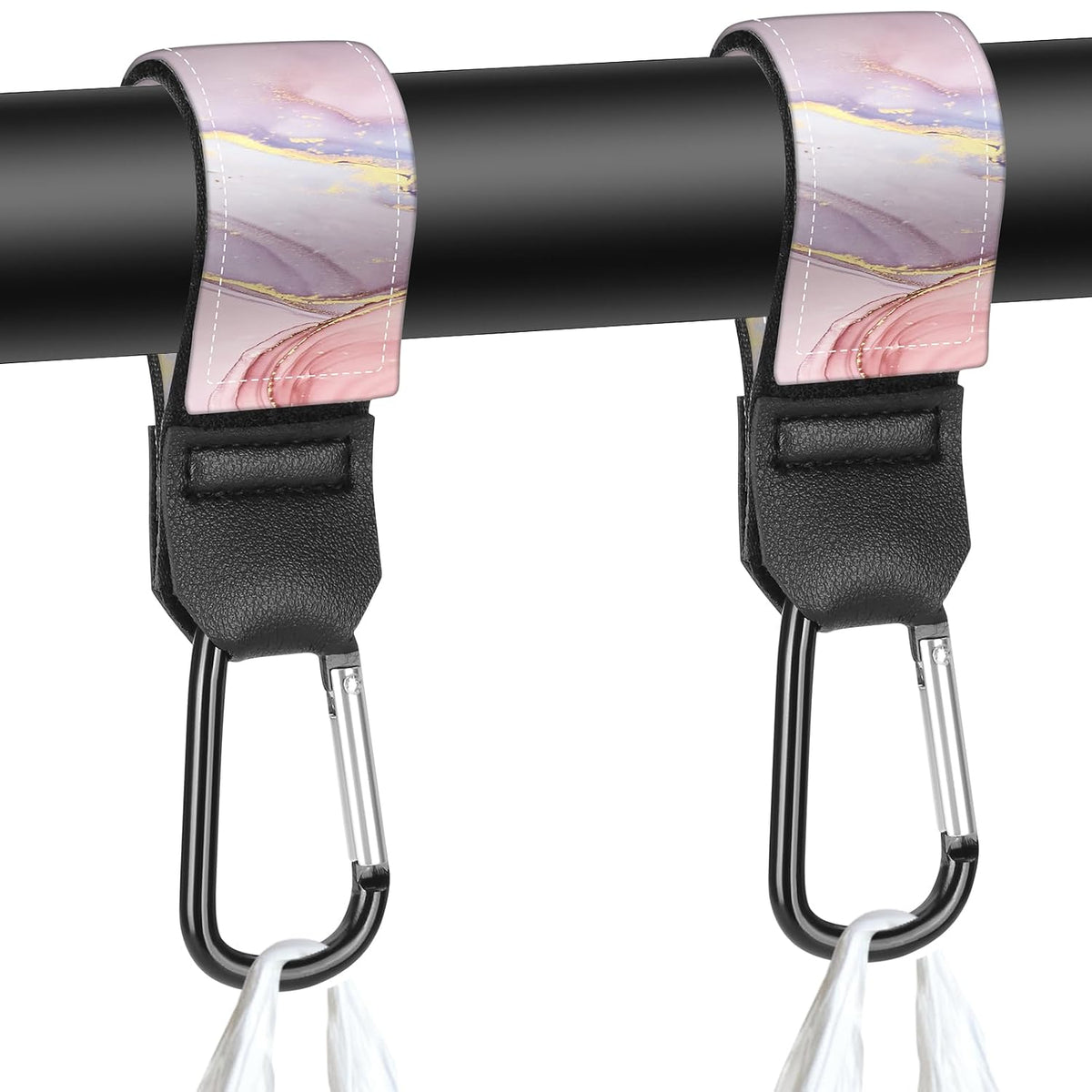 Stroller Straps, Mommy Hooks Diaper Bags, Universal Shopping cart, Wallet, Backpack - 2 Packs (White Flowers + Black Flowers)