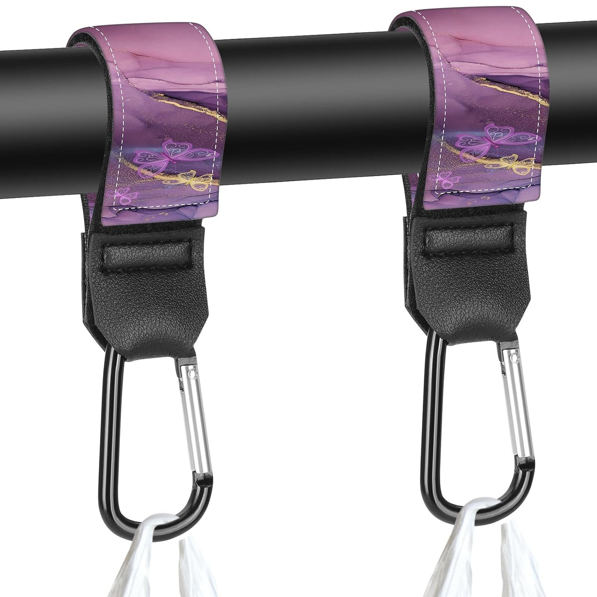 Stroller Straps, Mommy Hooks Diaper Bags, Universal Shopping cart, Wallet, Backpack - 2 Packs (White Flowers + Black Flowers)