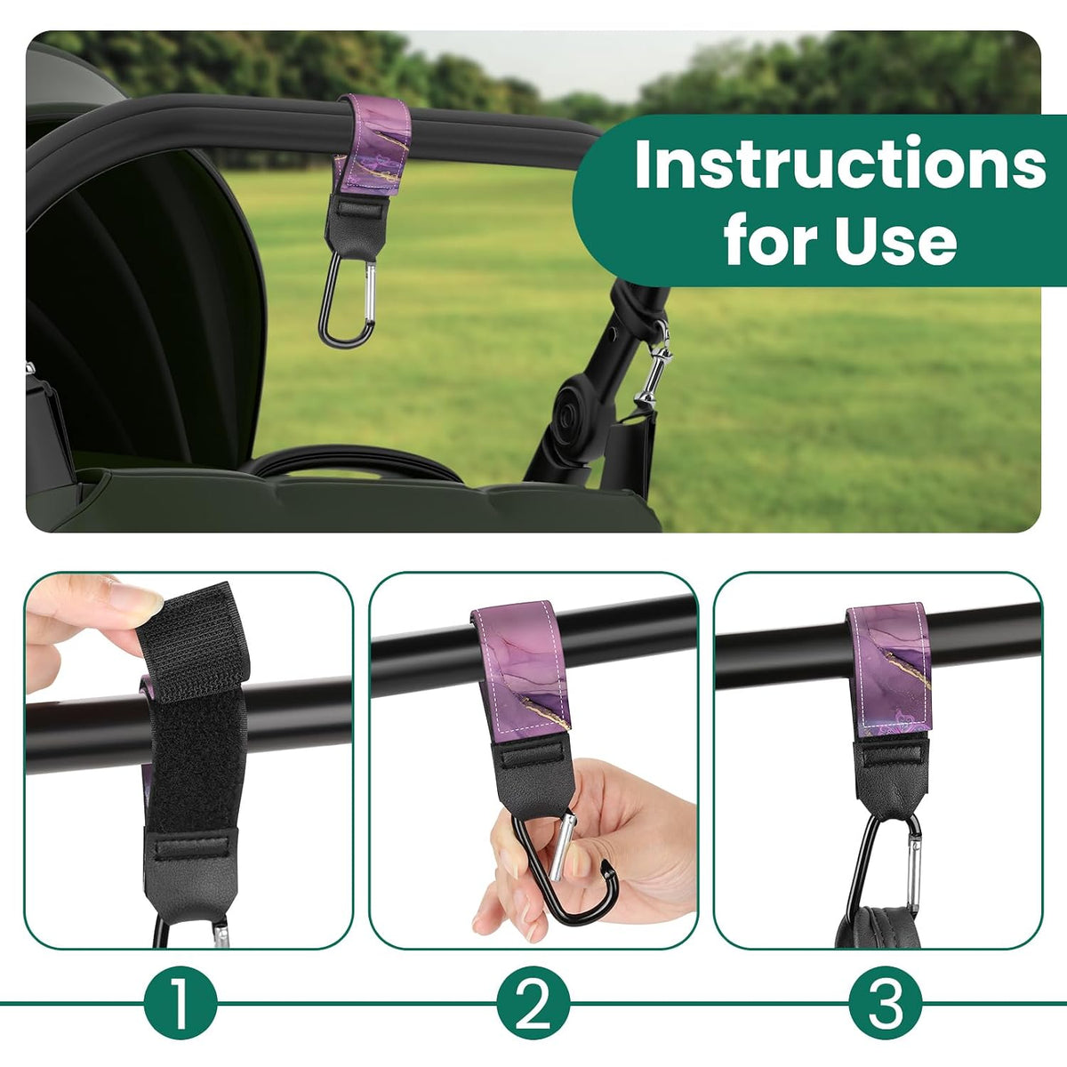 Stroller Straps, Mommy Hooks Diaper Bags, Universal Shopping cart, Wallet, Backpack - 2 Packs (White Flowers + Black Flowers)
