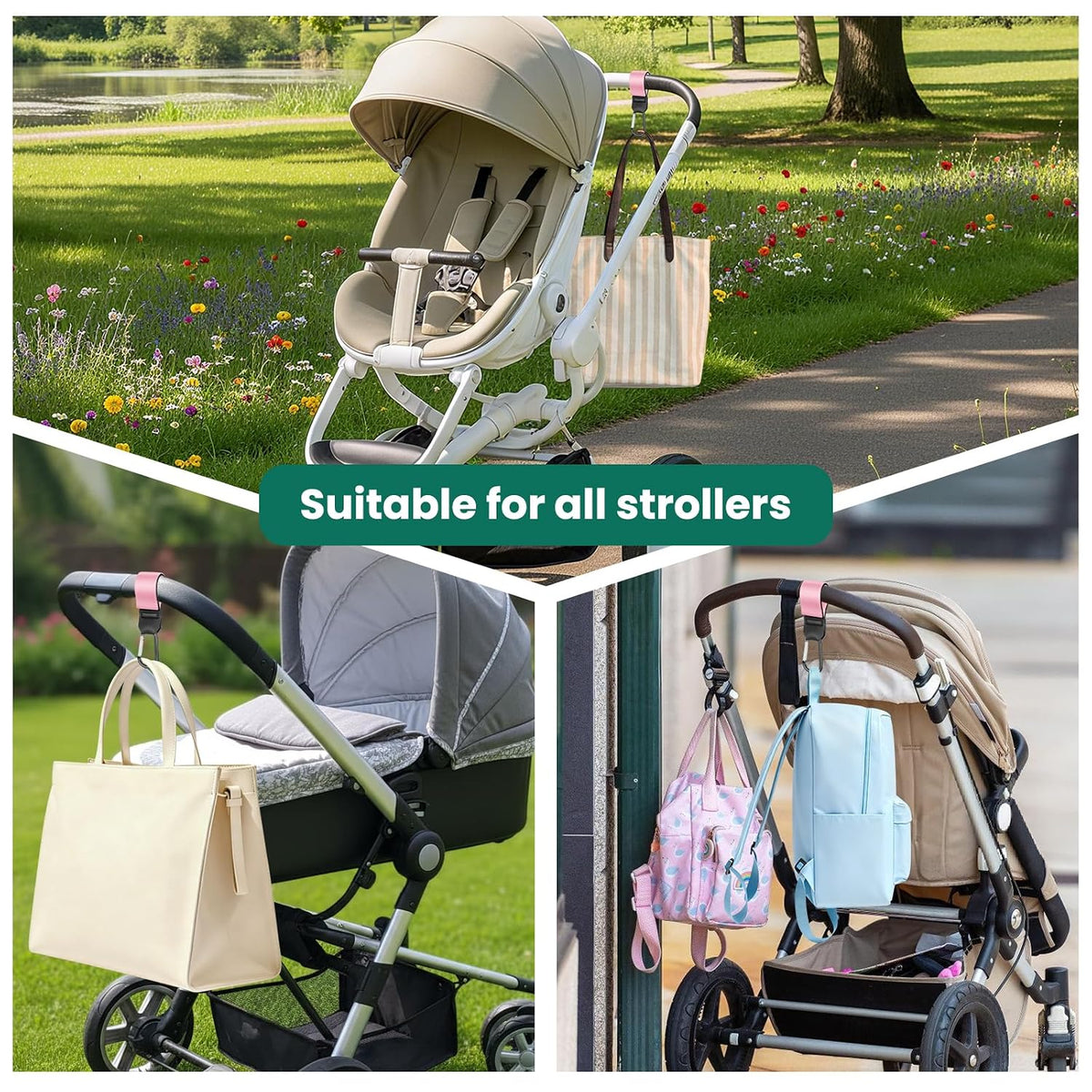 Stroller Straps, Mommy Hooks Diaper Bags, Universal Shopping cart, Wallet, Backpack - 2 Packs (White Flowers + Black Flowers)