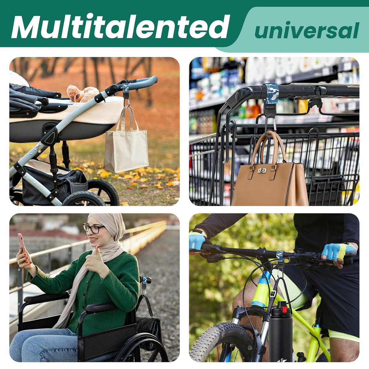 Stroller Straps, Mommy Hooks Diaper Bags, Universal Shopping cart, Wallet, Backpack - 2 Packs (White Flowers + Black Flowers)