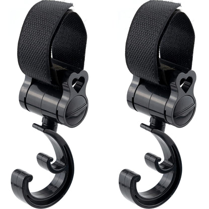 2 Pack Stroller Hooks 360 Degree Rotatable Baby Stroller Hanging Clips Hook for Mommy Stroller Multipurpose Hooks Stroller Clip Straps for Hanging Diaper Bags Grocery Shopping Bags (Black)