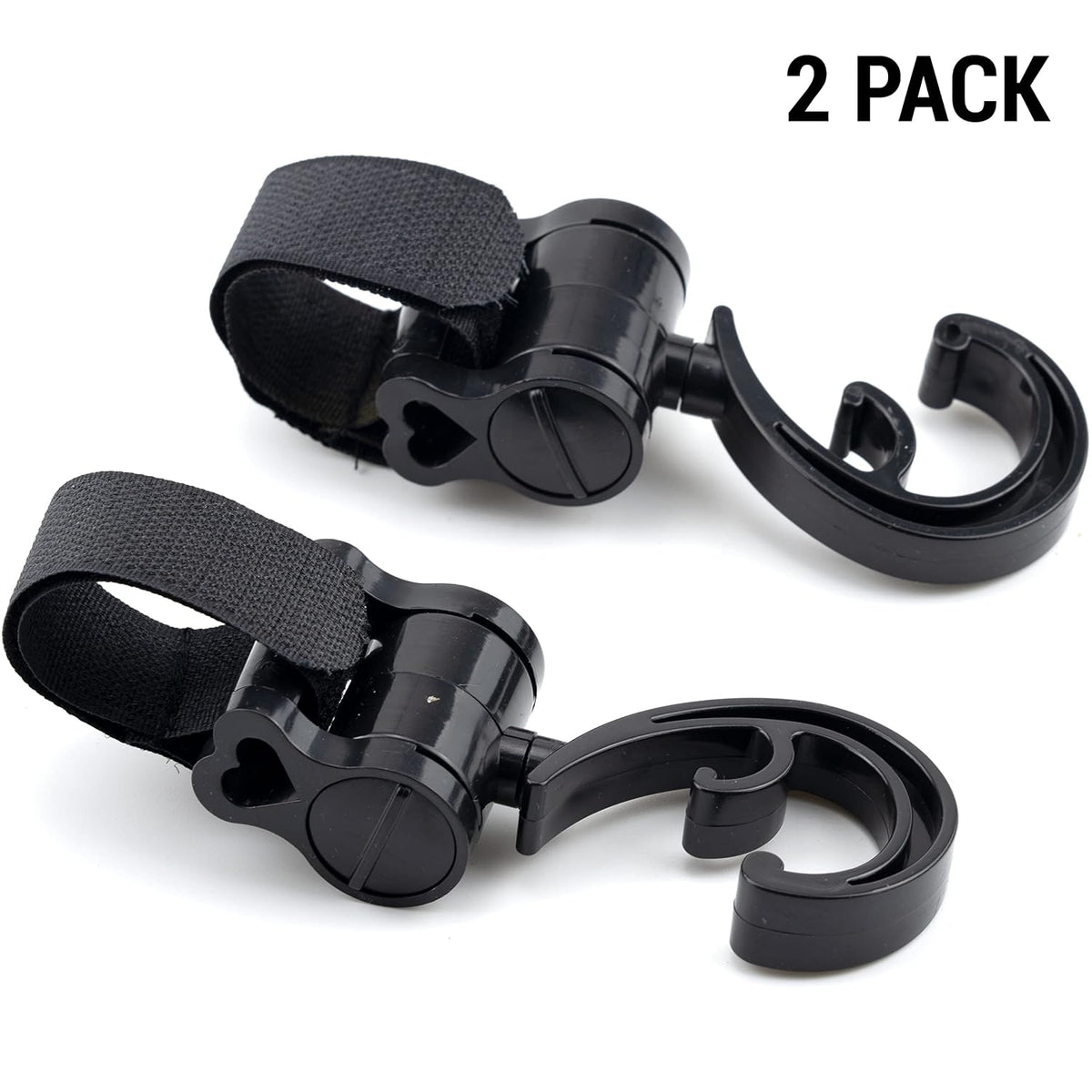 2 Pack Stroller Hooks 360 Degree Rotatable Baby Stroller Hanging Clips Hook for Mommy Stroller Multipurpose Hooks Stroller Clip Straps for Hanging Diaper Bags Grocery Shopping Bags (Black)