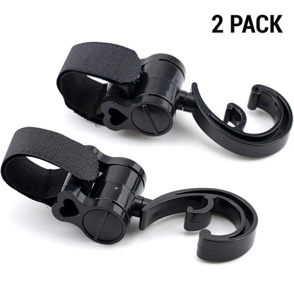 2 Pack Stroller Hooks 360 Degree Rotatable Baby Stroller Hanging Clips Hook for Mommy Stroller Multipurpose Hooks Stroller Clip Straps for Hanging Diaper Bags Grocery Shopping Bags (Black)