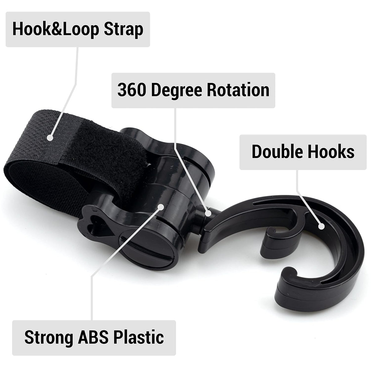 2 Pack Stroller Hooks 360 Degree Rotatable Baby Stroller Hanging Clips Hook for Mommy Stroller Multipurpose Hooks Stroller Clip Straps for Hanging Diaper Bags Grocery Shopping Bags (Black)