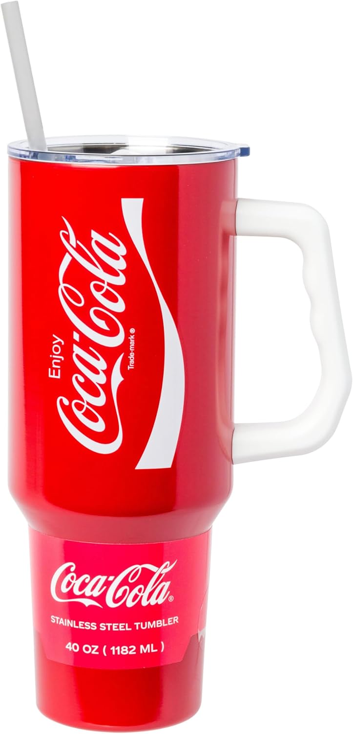 Coca-Cola Diet Coke Vertical, Stainless Steel Tumbler, 40oz | Ribbon, Includes Handle, Double Walled, Straw, Fits in Cup Holder, 1.18 Liters